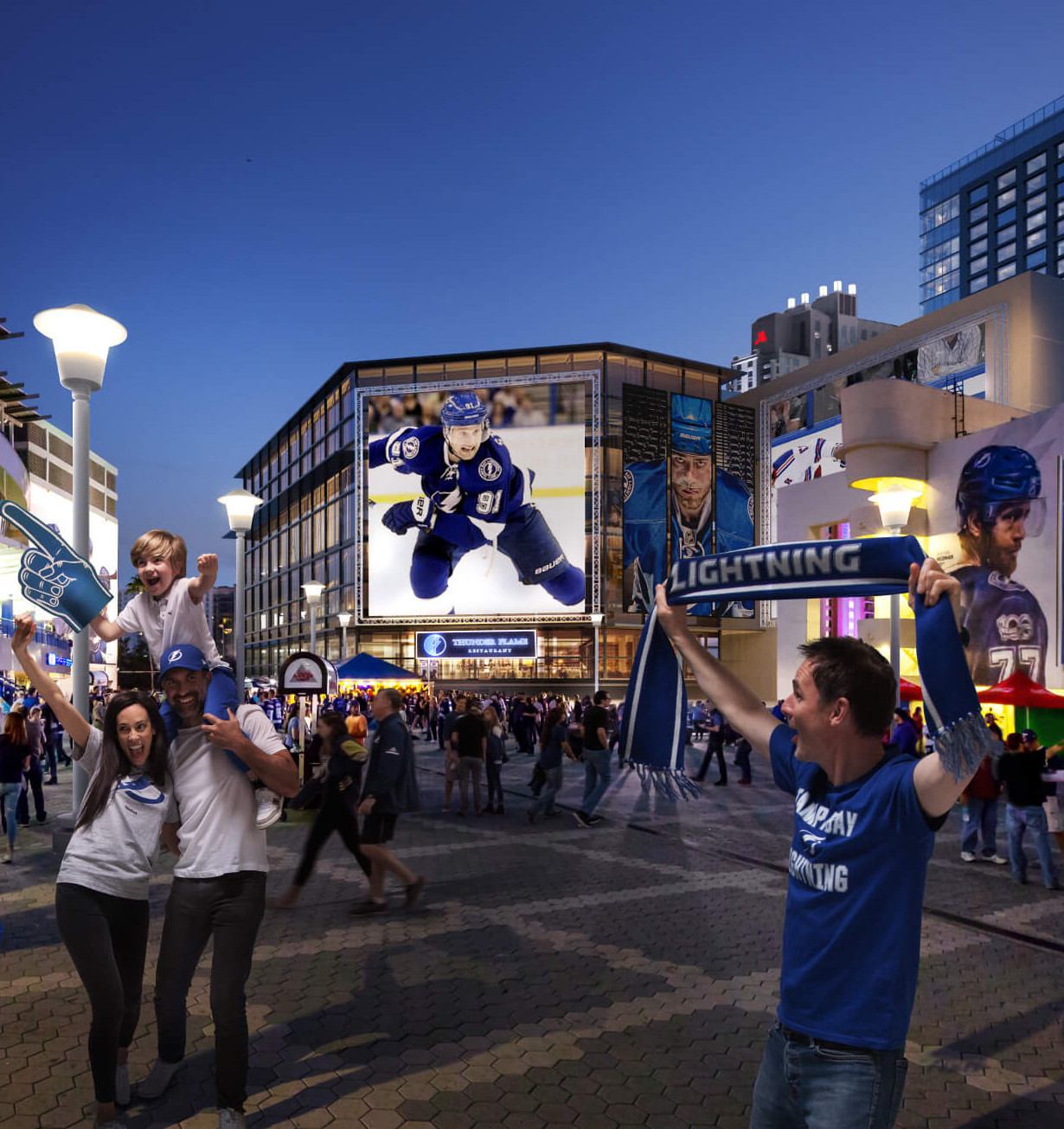 rendering of people in a town square celebrating the Tampa Bay Lightning hockey team